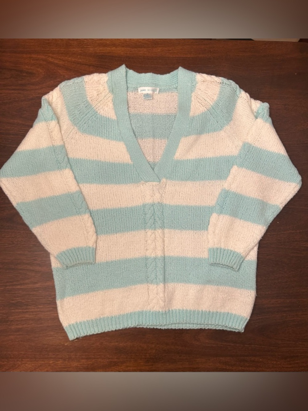 Vintage Relaxed Stripe V-Neck Sweater in Mint and Cream